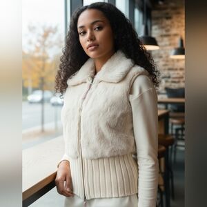 June genuine rabbit fur cream zip up vest size medium